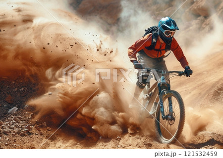 A professional cyclist rides an enduro trail bike through a dusty, rocky terrain, kicking up a cloud of dirt and dust as they navigate the challenging course. Generative AI A professional cyclist rides an enduro trail bike through a dusty, rocky terrain, kicking up a cloud of dirt and dust as they navigate the challenging course. Generative AI 121532459