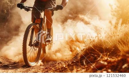 A professional cyclist races their enduro trail bike on a dusty path, kicking up a cloud of dirt as the sun sets behind them, casting a golden glow across the scene. Generative AI A professional cyclist races their enduro trail bike on a dusty path, kicking up a cloud of dirt as the sun sets behind them, casting a golden glow across the scene. Generative AI 121532460