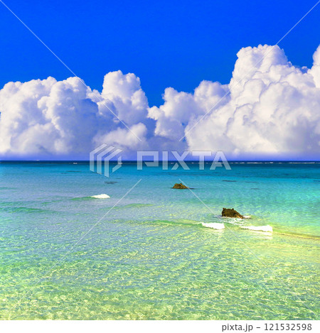 美しいサンゴ礁の海と入道雲合成 121532598