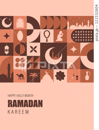 Ramadan Kareem greeting card. Bauhaus background with mosque, moon, stars, arches window. Trendy minimalist postcard. Vector illustration in neo geometric style. Traditional Islamic holiday 121532604