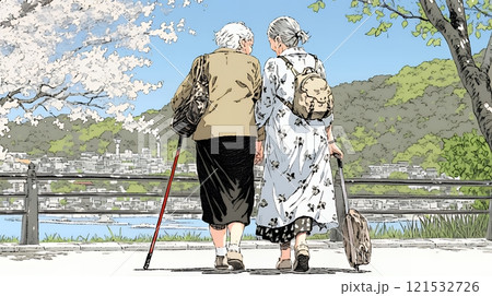 歳をとった二人の女性が連れ立って小旅行