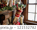 Christmas Fireplace Mantel with Stocking and Candy 121532782