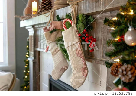 Christmas Stockings, Candy Canes, and Festive Decor on Fireplace Mantel 121532785