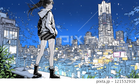 都市のランドスケープを眺めている若い女性