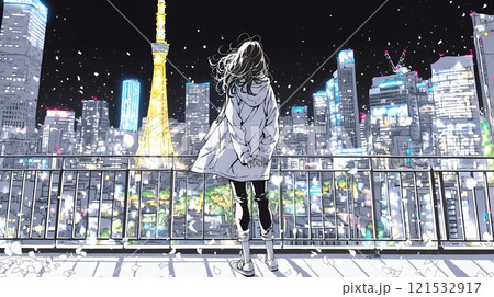 都市のランドスケープを眺めている若い女性