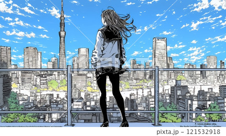 都市のランドスケープを眺めている若い女性