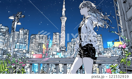 都市のランドスケープを眺めている若い女性