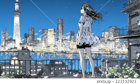 都市のランドスケープを眺めている若い女性