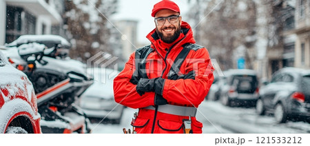Smiling Repairman in Snowy Urban Environment Smiling Repairman in Snowy Urban Environment 121533212