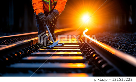 Worker Adjusting Rail Track at Sunset Worker Adjusting Rail Track at Sunset 121533222