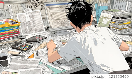 確定申告書類作成に没頭している個人事業主