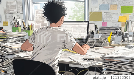 確定申告書類作成に没頭している個人事業主