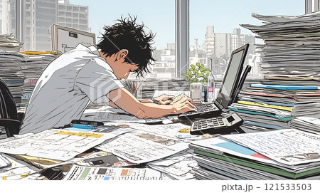 確定申告書類作成に没頭している個人事業主