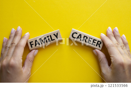 Family or Career symbol. Concept word Family or Career on wooden blocks. Businessman hand. Beautiful yellow background. Business and Family or Career concept. Copy space 121533566