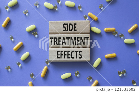 Side Treatment Effects symbol. Concept words Side Treatment Effects on wooden blocks. Beautiful purple background with pills. Healthcare and Side Treatment Effects concept. Copy space. 121533602