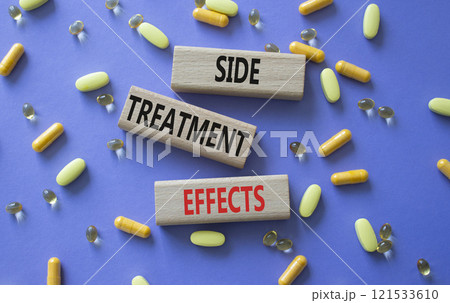 Side Treatment Effects symbol. Concept words Side Treatment Effects on wooden blocks. Beautiful purple background with pills. Healthcare and Side Treatment Effects concept. Copy space. 121533610