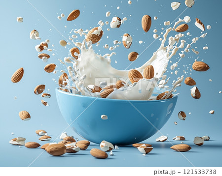 Splash of Milk with Almonds in Blue Bowl 121533738