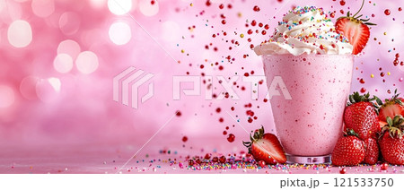 Delicious Strawberry Milkshake with Whipped Cream and Sprinkles 121533750