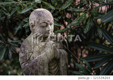 Stone buddha statue standing surrounded by green plants Stone buddha statue standing surrounded by green plants 121534203