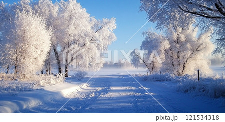 Winter background, landscape. Winter trees in wonderland. Winter scene. Christmas, New Year background 121534318