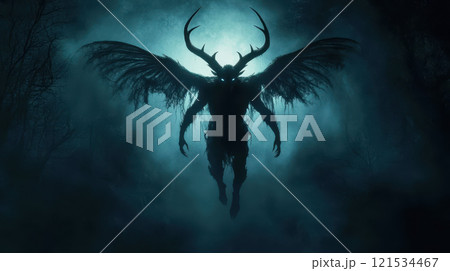dark demon with insect wings and antlers in misty forest dark demon with insect wings and antlers in misty forest 121534467