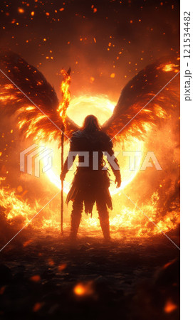fiery demon with molten wings and burning staff stands tall 121534482