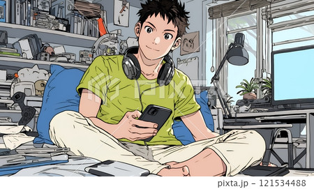 自宅の部屋でスマホをいじくっている若い男性