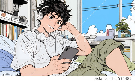 自宅の部屋でスマホをいじくっている若い男性