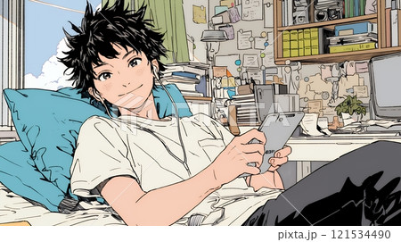 自宅の部屋でスマホをいじくっている若い男性