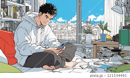 自宅の部屋でスマホをいじくっている若い男性