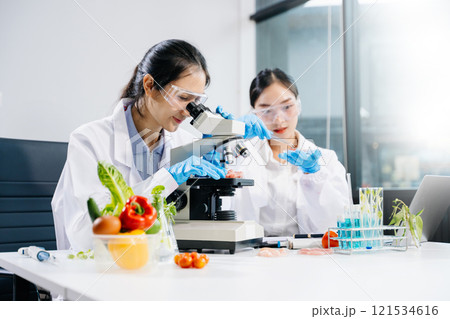 Food scientists in lab coats, testing samples, and analyzing food safety and quality 121534616