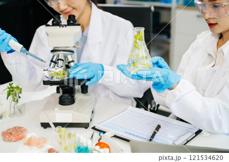 Food science as lab scientists test and analyze vegetables for safety and quality using advanced technology 121534620