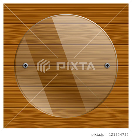 Layered editable vector illustration of transparent glass photo frame on wooden board background. Layered editable vector illustration of transparent glass photo frame on wooden board background. 121534733