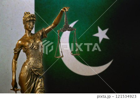 Lady Justice before a flag of Pakistan Lady Justice before a flag of Pakistan 121534923