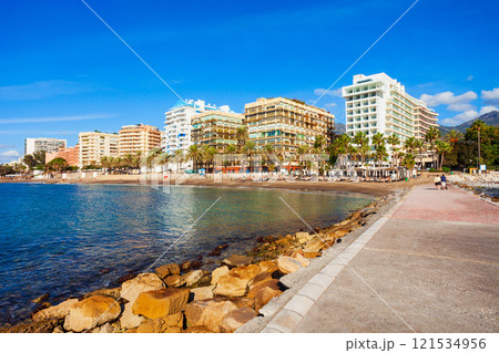 Marbella city beach panoramic view in Spain 121534956