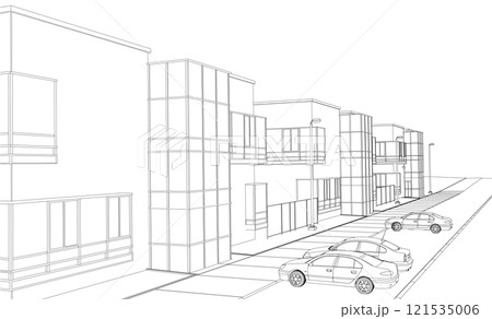 The contour of the street with houses and cars from black lines isolated on a white background. Perspective view. Vector illustration. The contour of the street with houses and cars from black lines isolated on a white background. Perspective view. Vector illustration. 121535006
