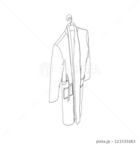 Outline of a bathrobe hanging on a hanger from black lines isolated on a white background. Isometric view. Vector illustration. 121535063