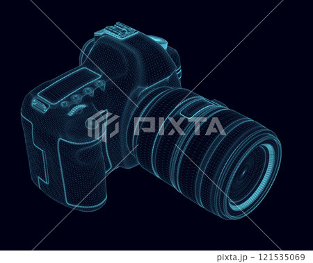 Wireframe of a professional camera made of blue lines isolated on a dark background. Isometric view. 3D. Vector illustration. 121535069