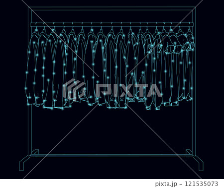 Outline of clothes hanging on a hanger with glowing lights from blue lines isolated on a dark background. Vector illustration. 121535073