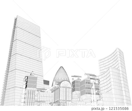 Wireframe of a detailed city with skyscrapers from black lines isolated on a white background. 3D. Vector illustration. 121535086