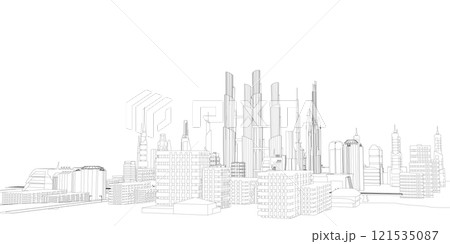 Background with the outline of a futuristic city from black lines isolated on a white background. Vector illustration. 121535087