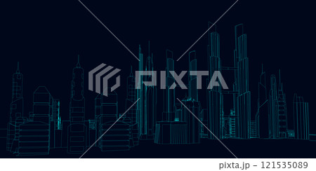 Outline of a futuristic city from blue lines isolated on a dark background. Vector illustration. 121535089