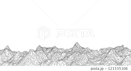 Wireframe of polygonal mountains from black lines isolated on white background. Vector illustration. 121535106