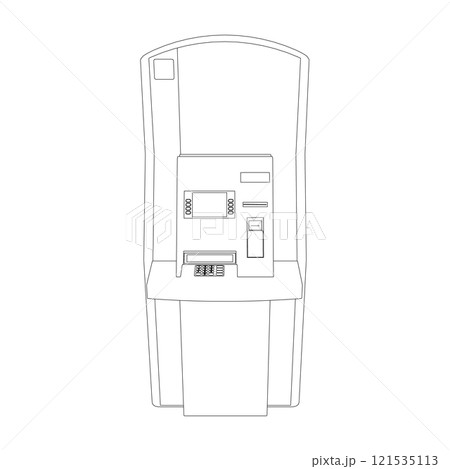 Outline of an ATM from black lines isolated on a white background. Front view. Vector illustration. Outline of an ATM from black lines isolated on a white background. Front view. Vector illustration. 121535113