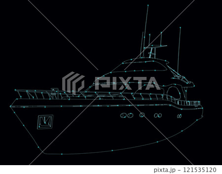 Outline of a private yacht from blue lines isolated on a dark background. Vector illustration. Outline of a private yacht from blue lines isolated on a dark background. Vector illustration. 121535120