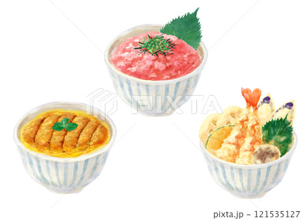 日本の定番どんぶりのイラスト(かつ丼・ねぎとろ丼・天丼) 121535127