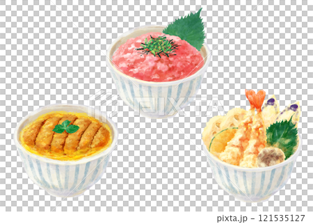 日本の定番どんぶりのイラスト(かつ丼・ねぎとろ丼・天丼) 121535127