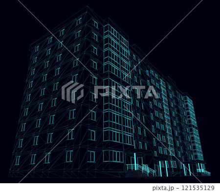 Wireframe of a multi-storey residential building from blue lines isolated on a dark background. 3D. Vector illustration. 121535129