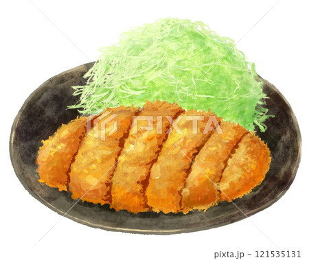 黒いお皿にのった手描きのトンカツと千切りキャベツ 黒いお皿にのった手描きのトンカツと千切りキャベツ 121535131