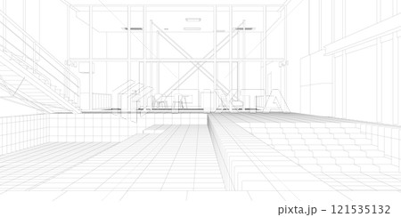The contour of the room with a pool and tables for relaxing from black lines isolated on a white background. 3D. Vector illustration. 121535132